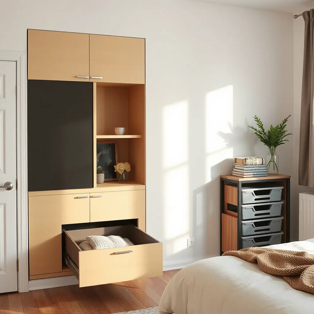Small apartment storage setup with built-in cabinet, vertical organizers, and under-bed drawers