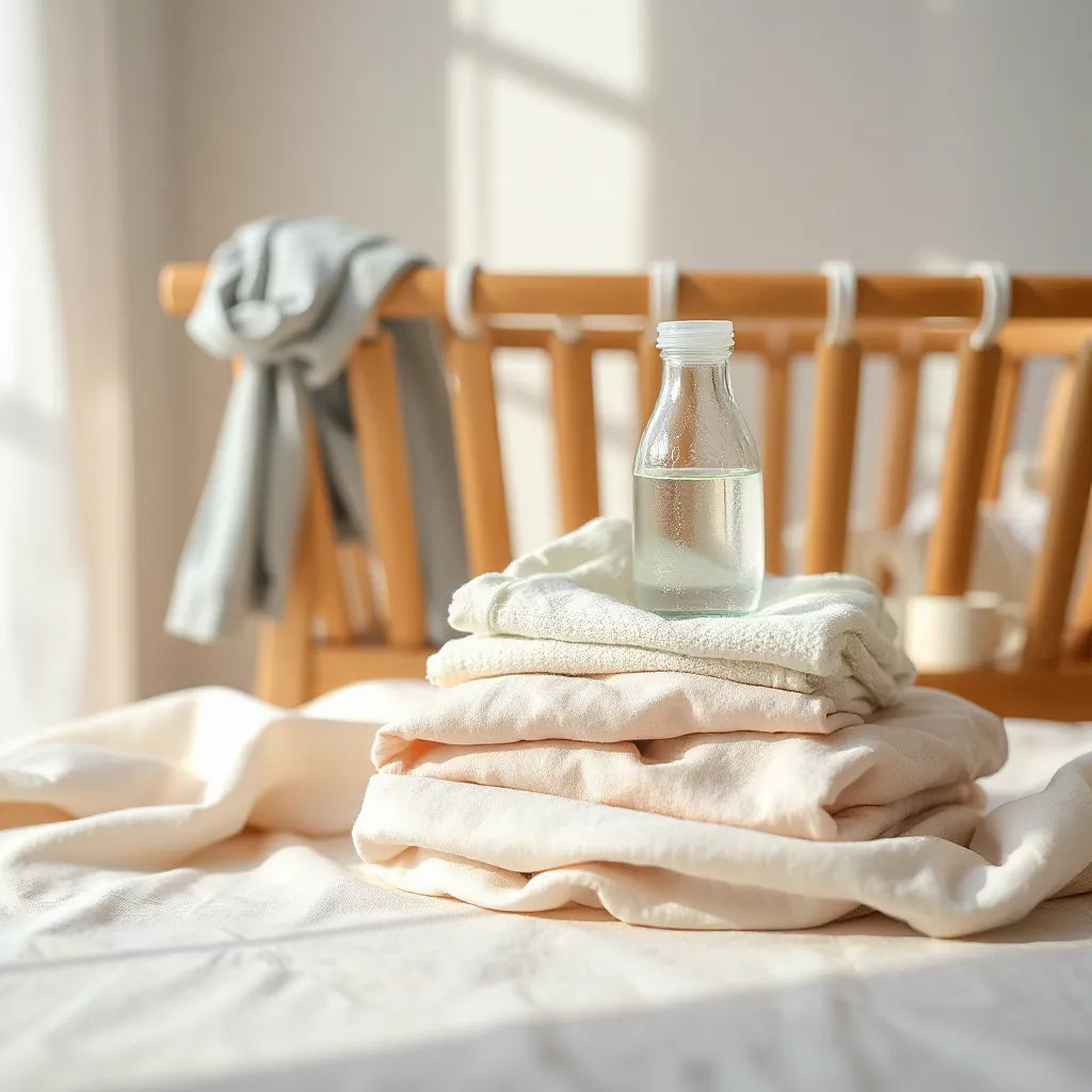 Sunlit delicates and a bottle of gentle fine laundry detergent on a neutral laundry surface