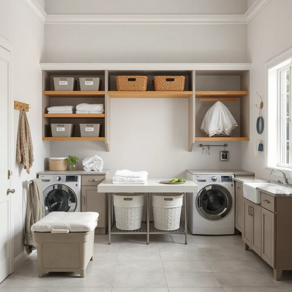 Neatly organized laundry room with sorting hampers, shelves, and a clear folding surface