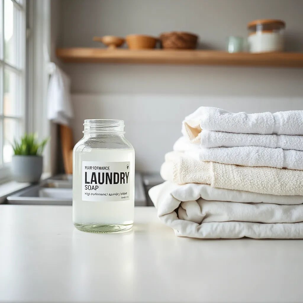 High-performance laundry soap jar beside neatly folded clean towels in a bright laundry room