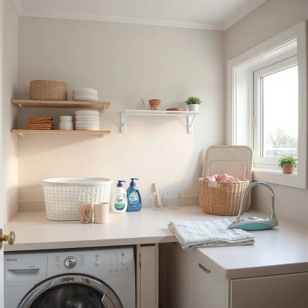 Neatly organized laundry room setup with hamper, detergent bottles, stain remover, and baskets on a countertop