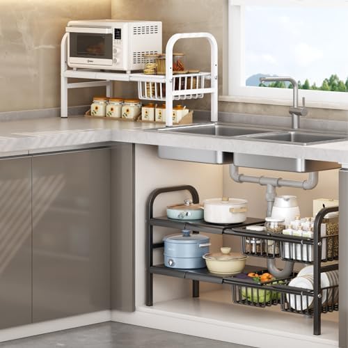 Under Sink Organizer，2 Tier Expandable Heavy Duty Metal Shelf，with 5 Removable - Image 6