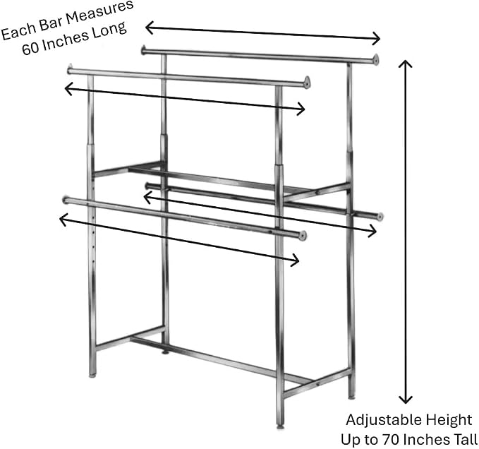 Econoco Double Bar Garment Rack, Adjustable Height 49–70in, Chrome Clothing Rack - Image 3