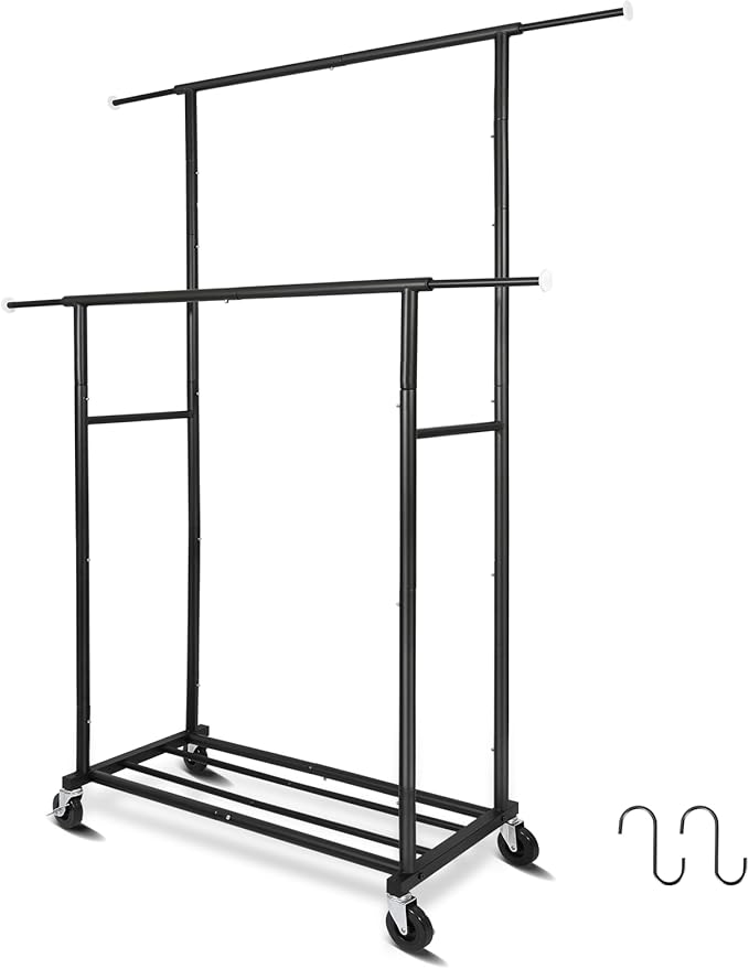 Stand Portable Black Double Rods Garment Rack by FishatGarmentRackChair