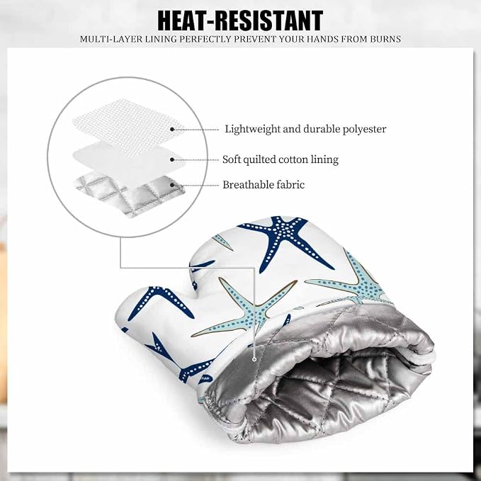 Mxocom Sea Stars Heat-Resistant Oven Mitts and Pot Holder Navy Blue and - Image 5