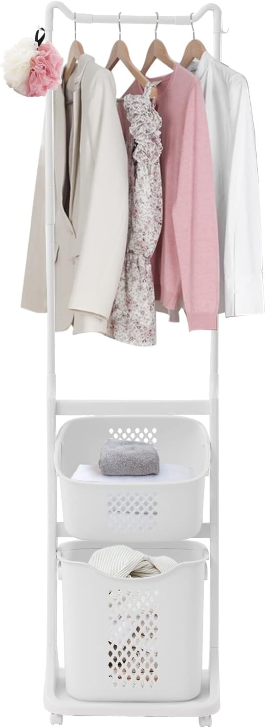 Laundry Cart with Wheels and Hanging Rack Rolling Laundry Basket with Clothes by Unknown