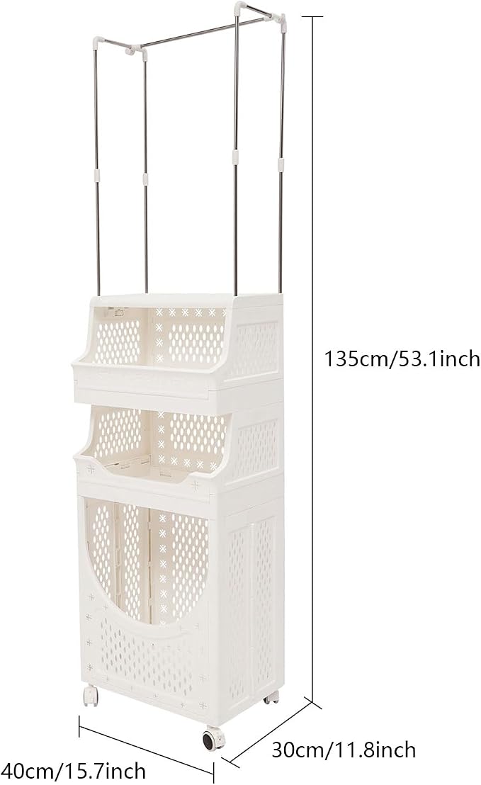 Laundry Basket with Wheels, Laundry Hamper Cart with Hanging Clothes Rack - Image 4