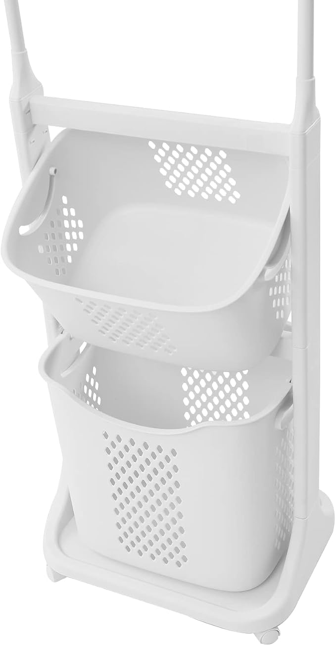 Laundry Cart with Wheels and Hanging Rack Rolling Laundry Basket with Clothes - Image 6