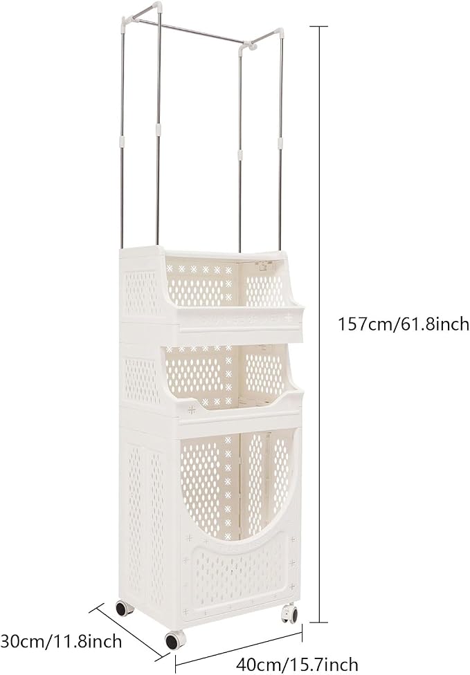 Laundry Basket with Wheels, Laundry Hamper Cart with Hanging Clothes Rack - Image 4