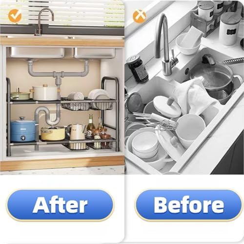 Under Sink Organizer，2 Tier Expandable Heavy Duty Metal Shelf，with 5 Removable - Image 4