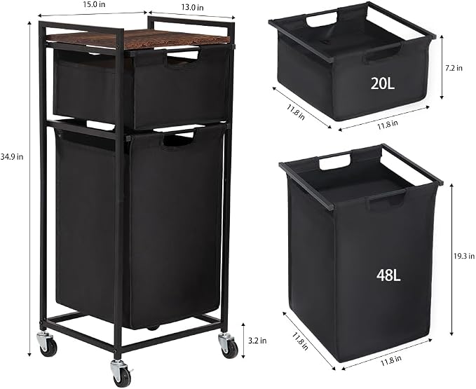 LUCKUP Laundry Hamper with Shelf, Laundry Sorter 2 Section with Removable Bags - Image 2