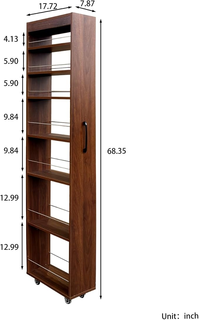 71-Inch Slim Storage Cart on Wheels, Walnut 7-Tier Tall Slide Out Kitchen - Image 3