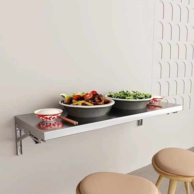 Wall Mounted Folding Table Stainless Steel Wall Shelf Floating Desk, Fold Down - Image 8