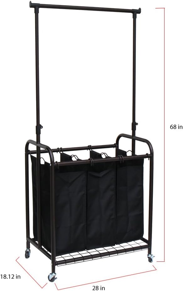 Oceanstar TLS1385 3-Bag Rolling Adjustable Hanging Bar Laundry Sorter - Image 4