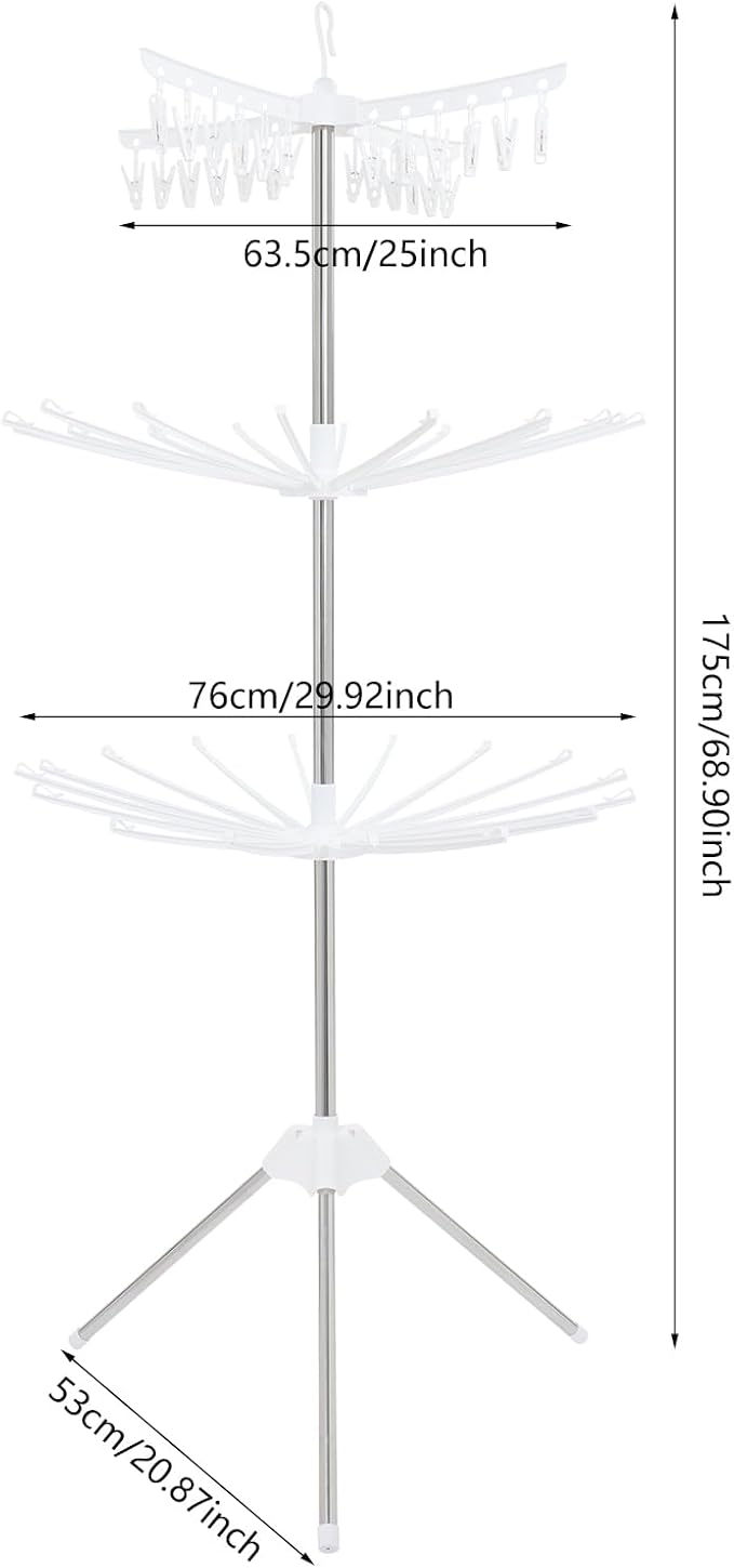 3-Tier Foldable Clothes Drying Rack, Rotating Clothing Rack w/Three-Legged Base - Image 2