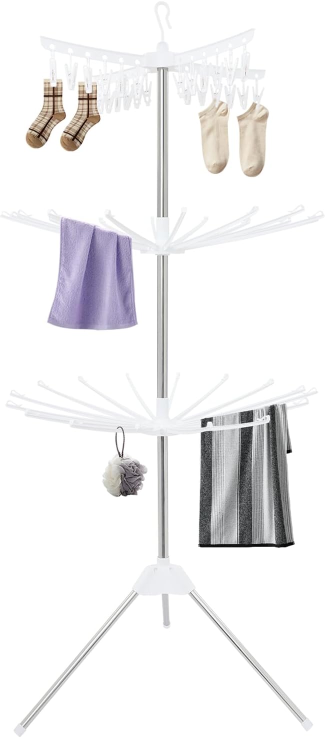 3-Tier Foldable Clothes Drying Rack, Rotating Clothing Rack w/Three-Legged Base by Headery