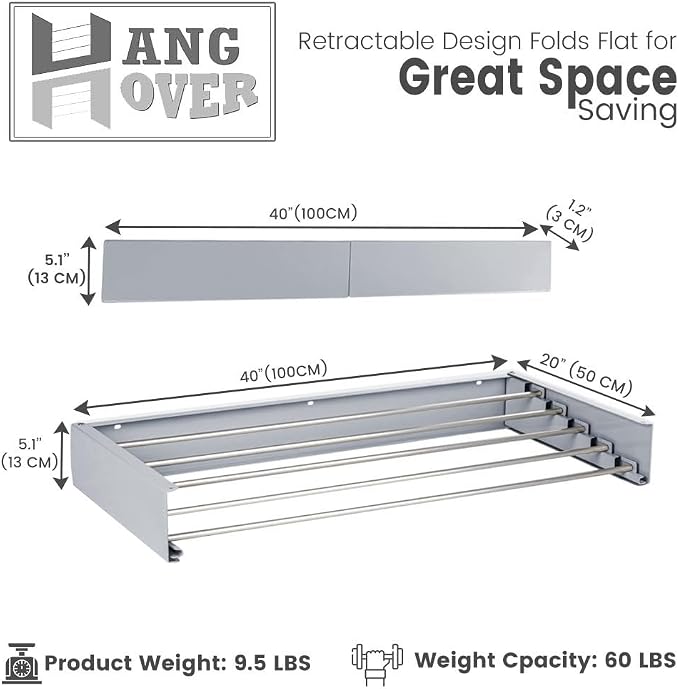 Wall Mounted Foldable Drying Rack 40" Elegant Matte Invisible Hanger | an - Image 2