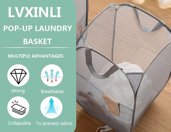 2 Pack Mesh Laundry Basket, Foldable Popup Laundry Hamper - Image 4