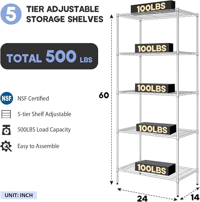 Meet perfect 5-Tier NSF Certified Steel Shelving Unit, 500 lbs Capacity Heavy - Image 3