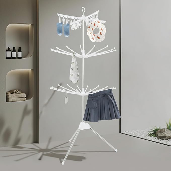 3-Tier Foldable Clothes Drying Rack, Rotating Clothing Rack w/Three-Legged Base - Image 6