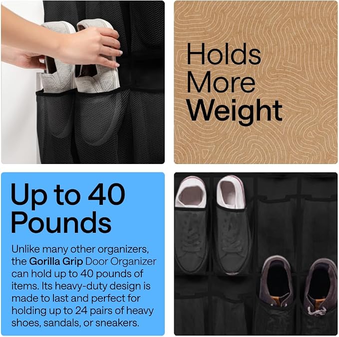 GORILLA GRIP Over the Door Shoe Organizer, 24 Extra Large Breathable Mesh - Image 3