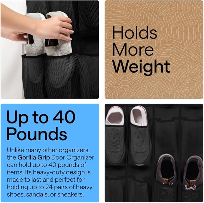 GORILLA GRIP Over the Door Shoe Organizer, 2 Pack, 24 Breathable Mesh Pockets - Image 3