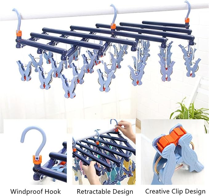 Retractable Clothespin Drying Rack Socks Underwear Multi-Clip Clothesline Home - Image 3