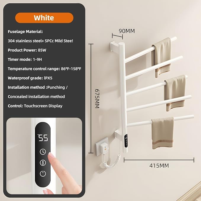180°Rotation Electric Heated Towel Rack Wall Mounted Towel Warmer Racks 5 Bars - Image 2