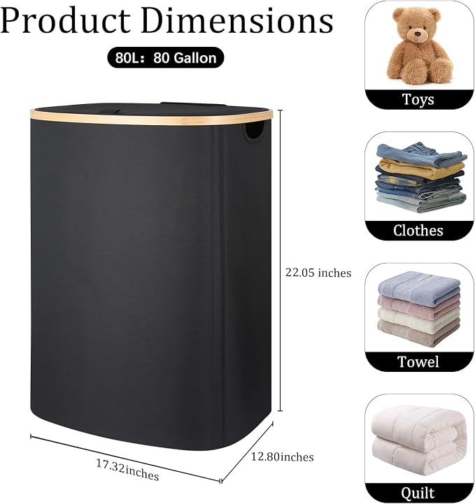 Slim Laundry Basket with Lid, 80L Narrow Laundry Hamper with Removable Bag - Image 3