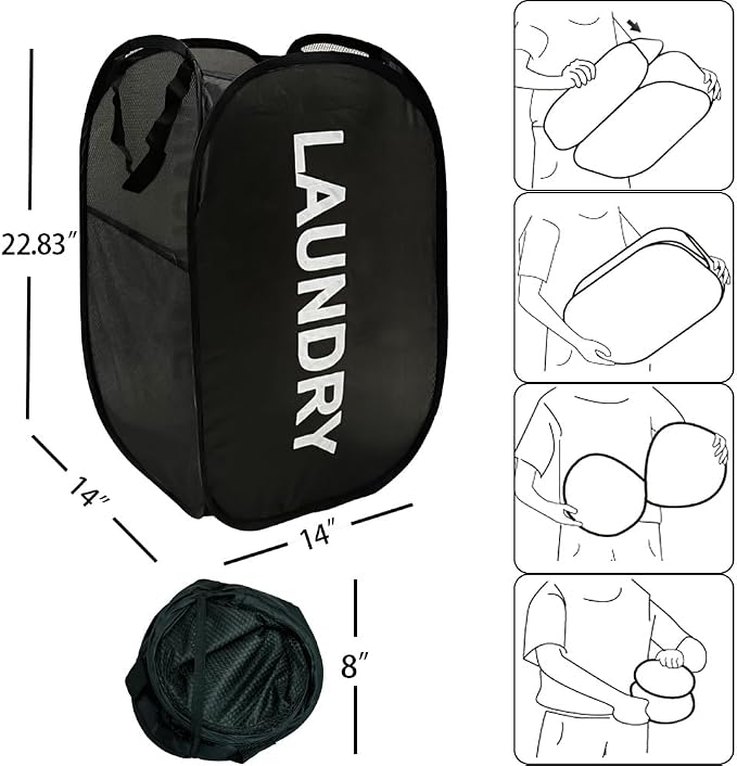 Pop Up Laundry Hampers, Collapsible Mesh Laundry Baskets, 2 Pack Black Clothes - Image 2