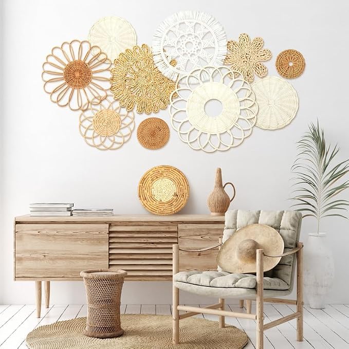 Tatuo 11 Pcs Boho Wall Basket Decor Decorative Bulrush Woven Basket Wall Decor - Image 3