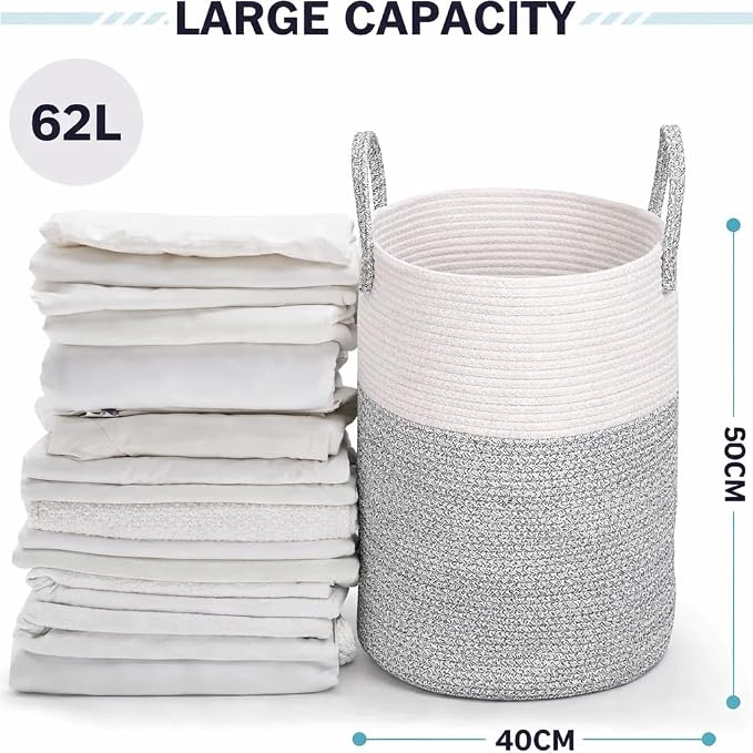 Laundry Basket, Woven Cotton Rope Laundry Hamper, 60L - Image 2