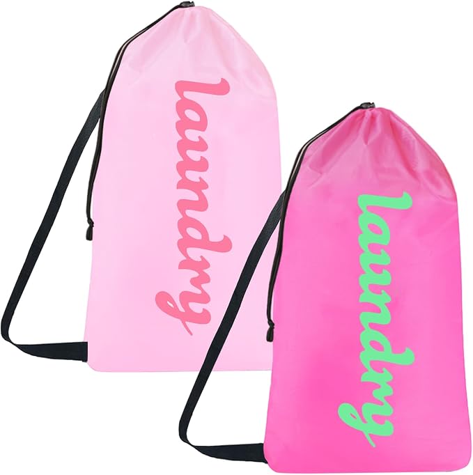 Large Travel Laundry Bag Pink, 2 Pack Potable Heavy Duty Drawstring Nylon Dirty by ArtCentury