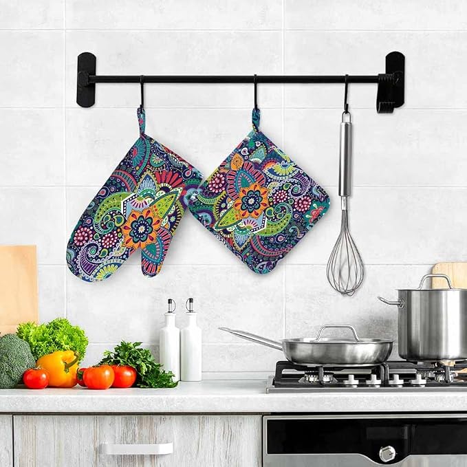 Mxocom Paisley Stylized Flowers Oven Mitts and Pot Holders Sets Mandala Boho - Image 4