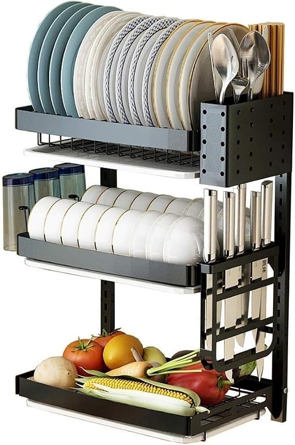 3 Tier Black 201 Stainless Steel Kitchen Wall-Mounted Dish Drying Rack Drain by Unknown