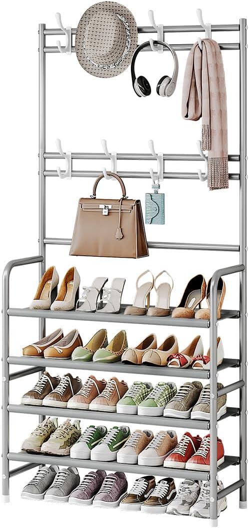 Coat Rack Shoe Rack With Storage Shelf Freestanding with 8 Hooks by YIZAIJIA