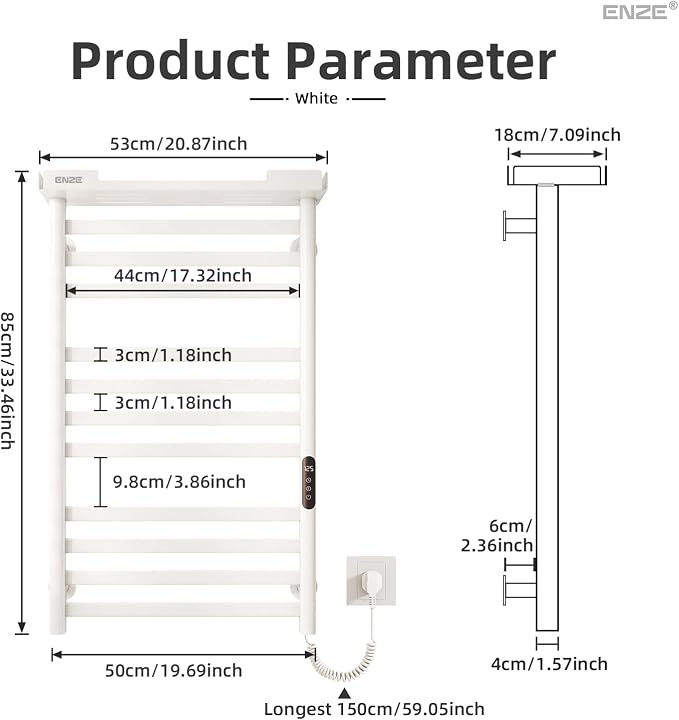 ENZE Smart Heated Towel Rack, 11-Bar Wall-Mounted Electric Towel Warmer - Image 8