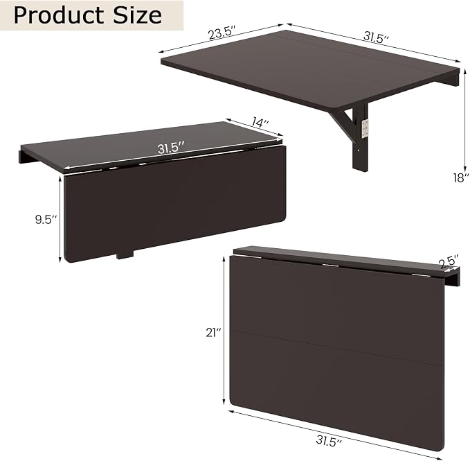 Giantex Wall Mounted Folding Table, 31.5" x 23.5" Wood Murphy Desk, Drop-Leaf - Image 3