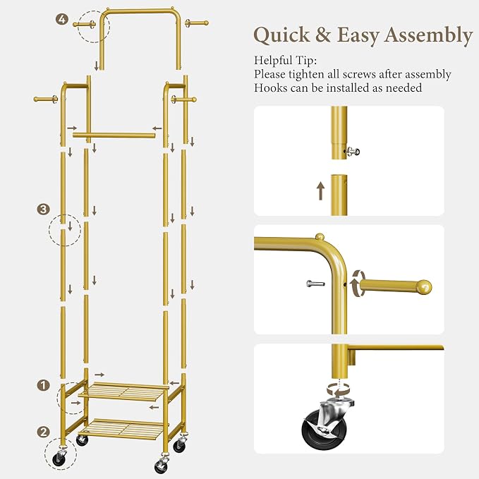 Chrislley Clothes Rack with Wheels, Small Rolling Garment Rack, 4 Hanging Rods - Image 6