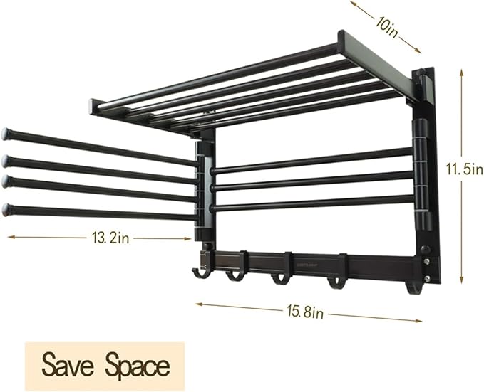 Wall Mounted Laundry Rack with Swivel Arms Hooks and Space Aluminum Design - Image 3