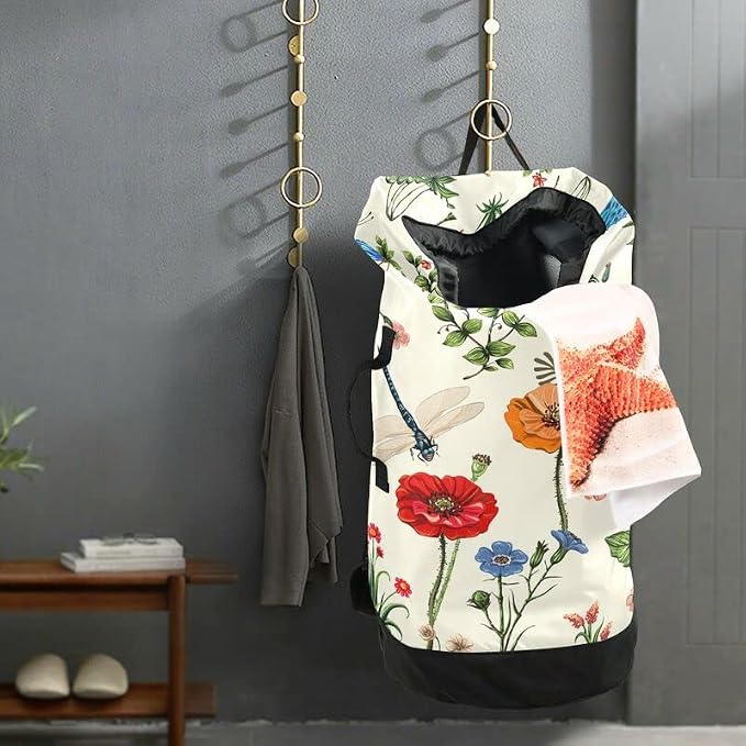 VIGTRO Spring Flowers Dragonflies Large Heavy Duty Laundry Backpack Hamper - Image 5
