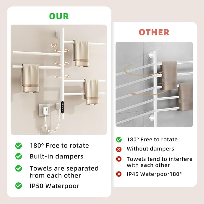 180°Rotation Electric Heated Towel Rack Wall Mounted Towel Warmer Racks 5 Bars - Image 3
