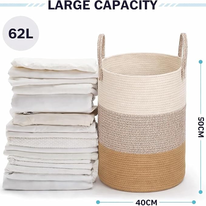 Laundry Basket, Woven Cotton Rope Laundry Hamper, 60L - Image 2