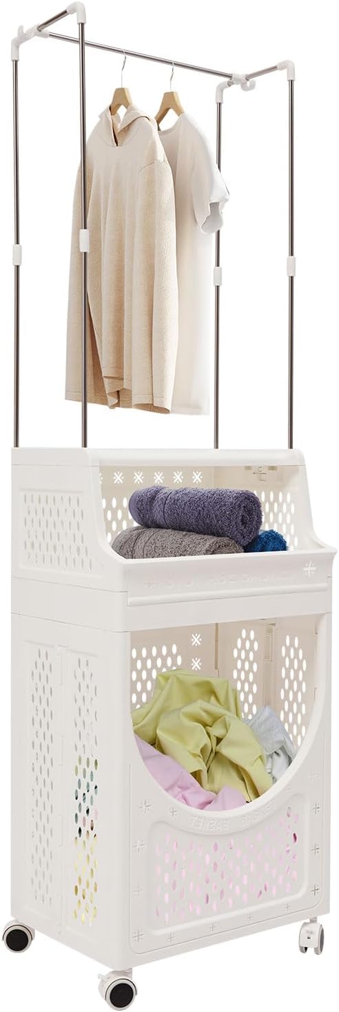 Laundry Basket with Wheels, Laundry Hamper Cart with Hanging Clothes Rack by TFCFL
