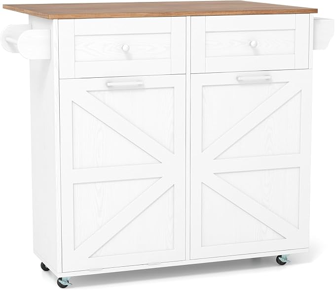 Rolling Kitchen Island with Trash Can Storage Cabinet, Drop Leaf Breakfast Bar - Image 8