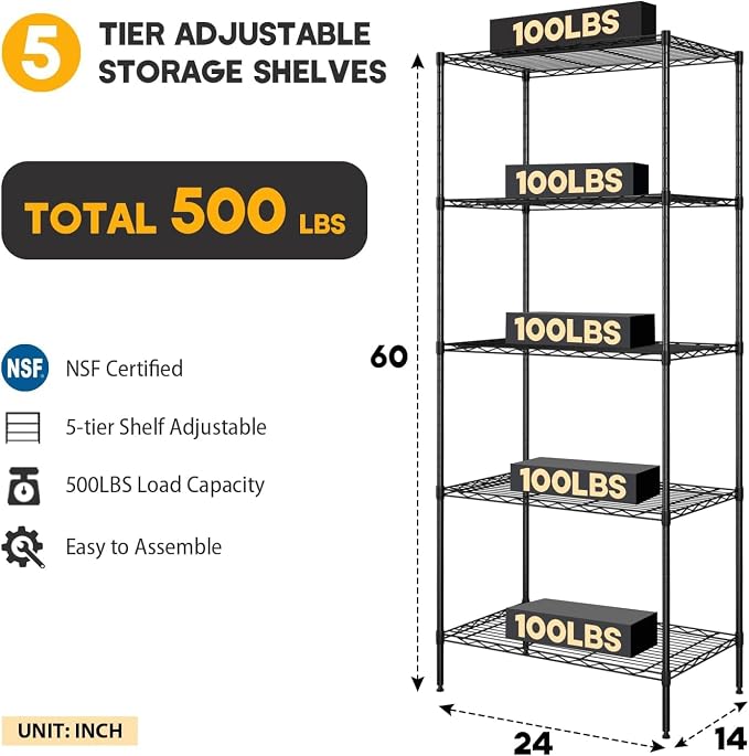 Meet perfect 5-Tier NSF Certified Steel Shelving Unit, 500 lbs Capacity Heavy - Image 3