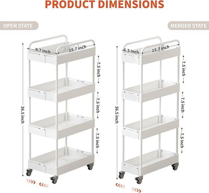 HOTEAGLE 4-Tier Rolling Cart Metal Expandable Utility Carts - Image 7