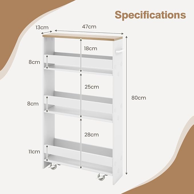 TANGZON 4-Tier Storage Trolley, Slide Out Slim Rolling Kitchen Cart - Image 6