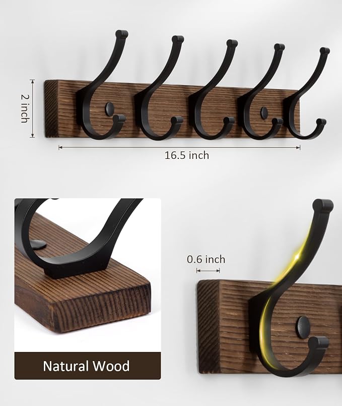 Coat Rack Wall Mount, 16.5 Inches Wood Coat Hooks Wall Mount, Wall Coat Rack - Image 7