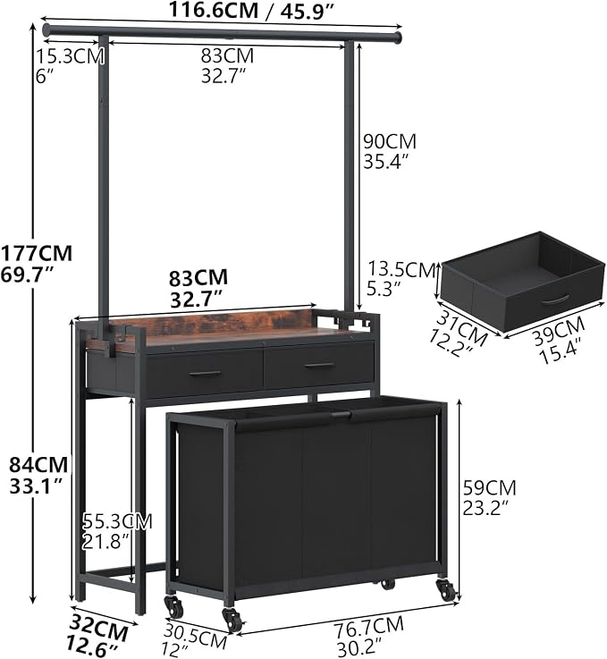 Laundry Sorter Hamper with Hanging Cloth Rack, Laundry Basket with 3 Section - Image 7